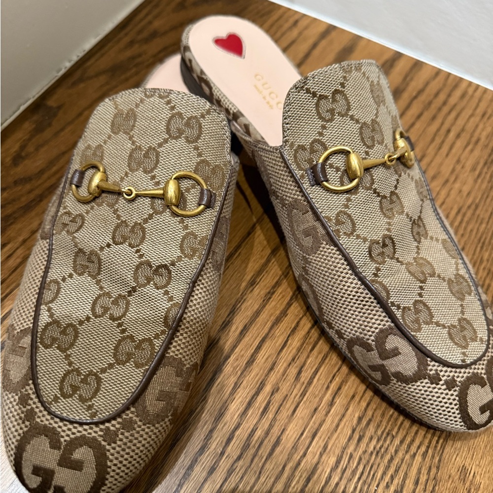 Gucci Beige GG Canvas Horsebit Backless Mules